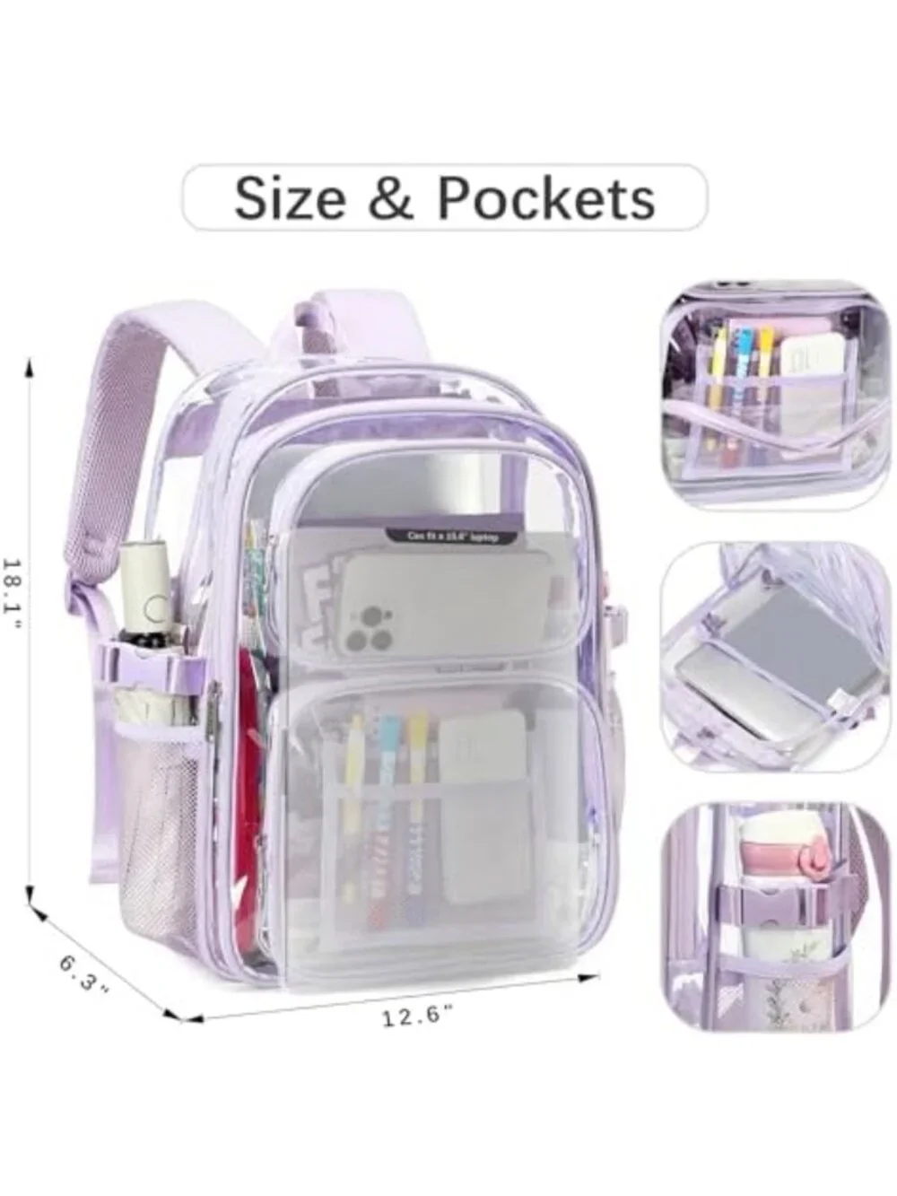 Large Heavy Duty Clear Backpack for School - Transparent Multi Pocket Bookbag
